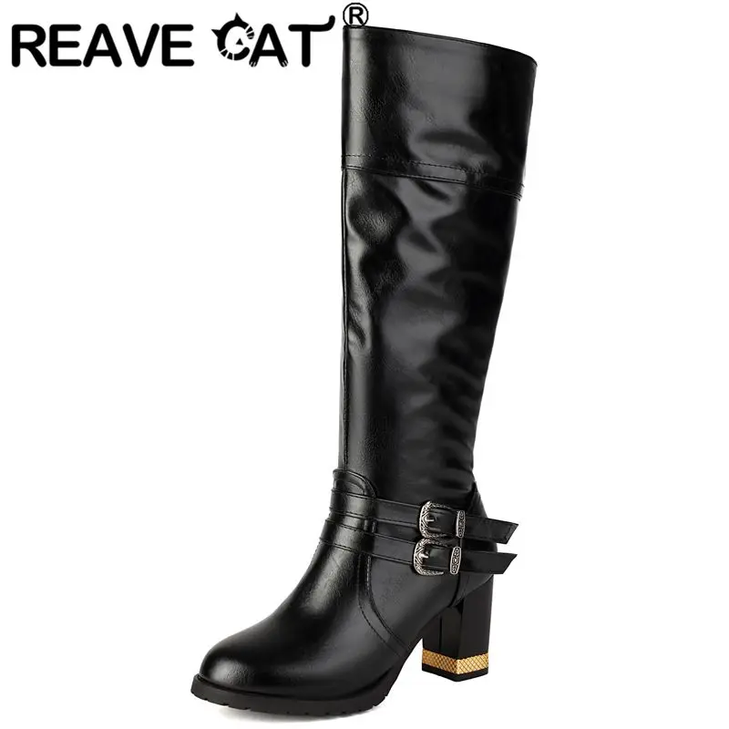 

REAVE CAT 2025 Retro Female Knee High Boots Round Toe 7cm Block Heels Zipper Belt Buckles Plus Size 41 42 43 Casual Daily Bota