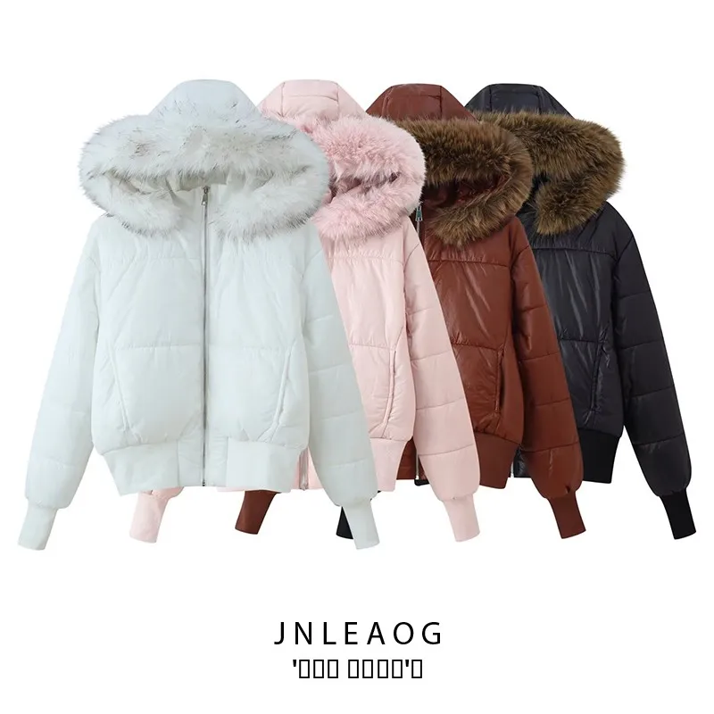 

Faionable Street Sle Women's Cotton Jaet with Hood And Zipper Fur Collar Autumn New Arrival Straight Cut Long Sve