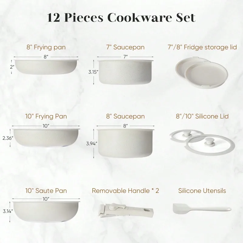 12 Pcs Pots And Pans Set, Stackable Non-Stick Set, Nonstick - Kitchen Cookware Set With Detachable Handle, Induction Cookware, Oven, Beige