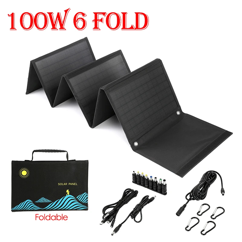 100W 6Fold Solar Panel Folding Bag Portable Power Bank For Outdoor Emergency Phone Battery Charger USB+DC Output Waterproof