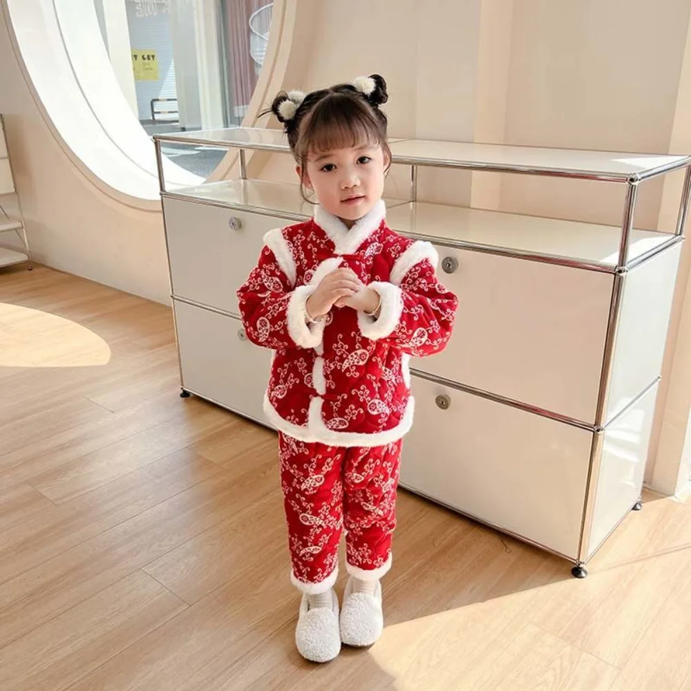 Warm Baby Boy Set Coat Pants Traditional Chinese Costume Cute Children Flower Outfit Thicken Girl Suit Kids New Year Clothing