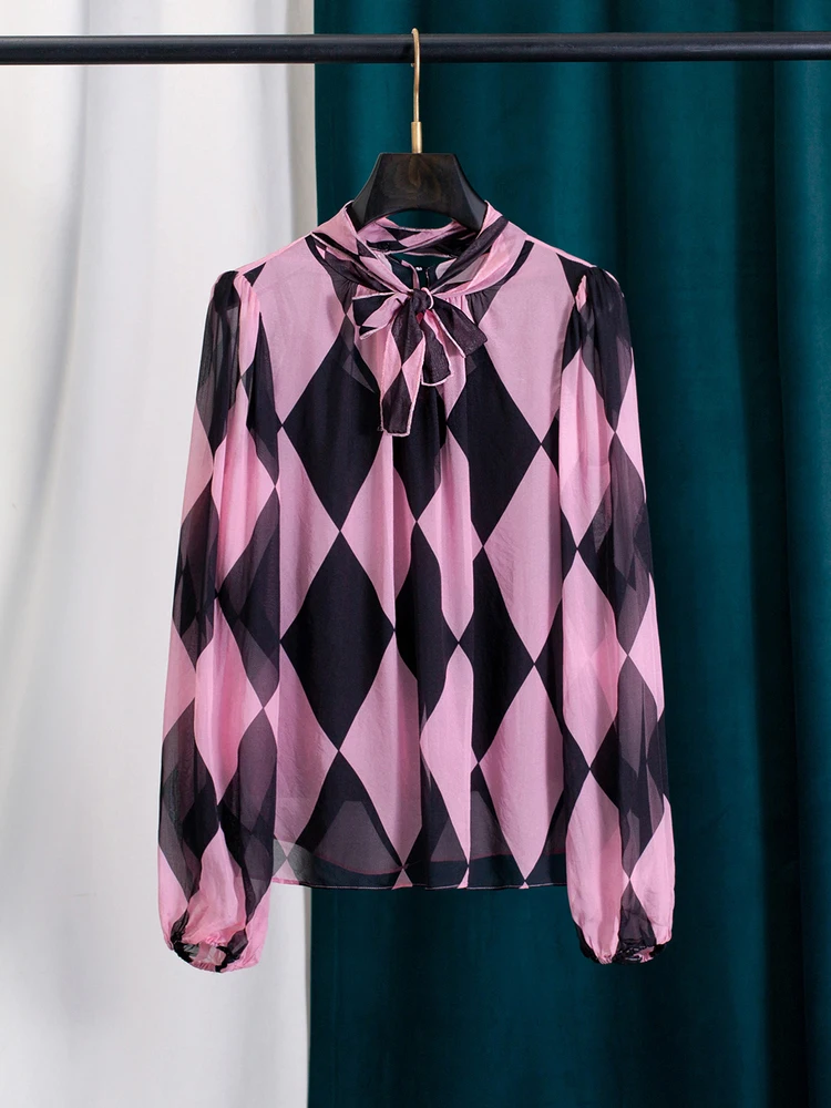 

Ele Silk Women's irt with Bow Tie Long Sve Spring Faionable Lightweight Luxury Feel Silk Top for Ladies