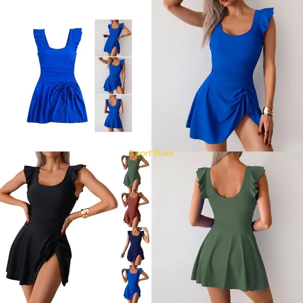U2JB Women 1 Piece Skirted Swimming Costume With Briefs Scooped Neck Swim Dress