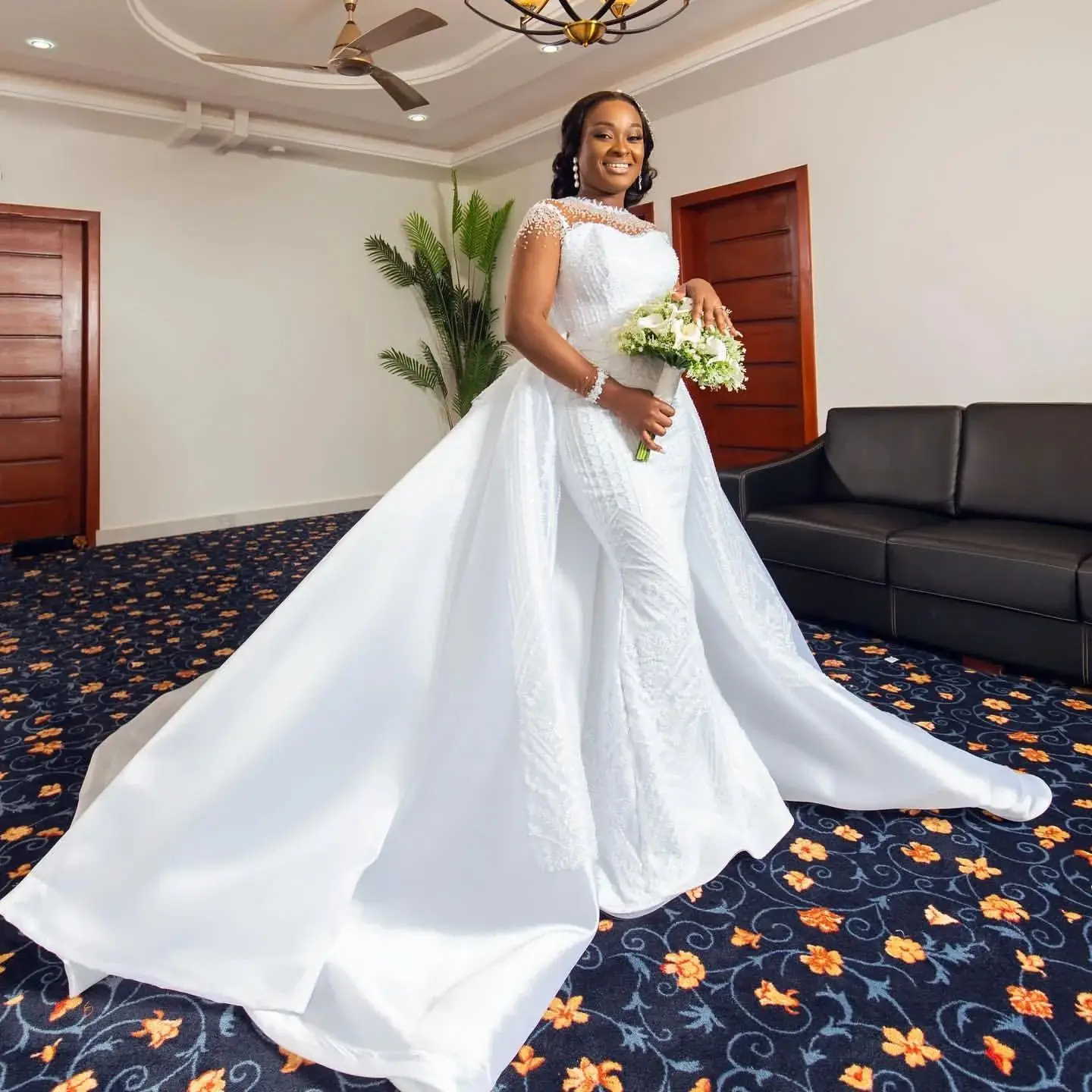 

Detachable African Wedding Dresses Black Girls Mermaid Long Sleeves Bead Luxury Aso Ebi Bridal Gowns Vestido De Novia Customized