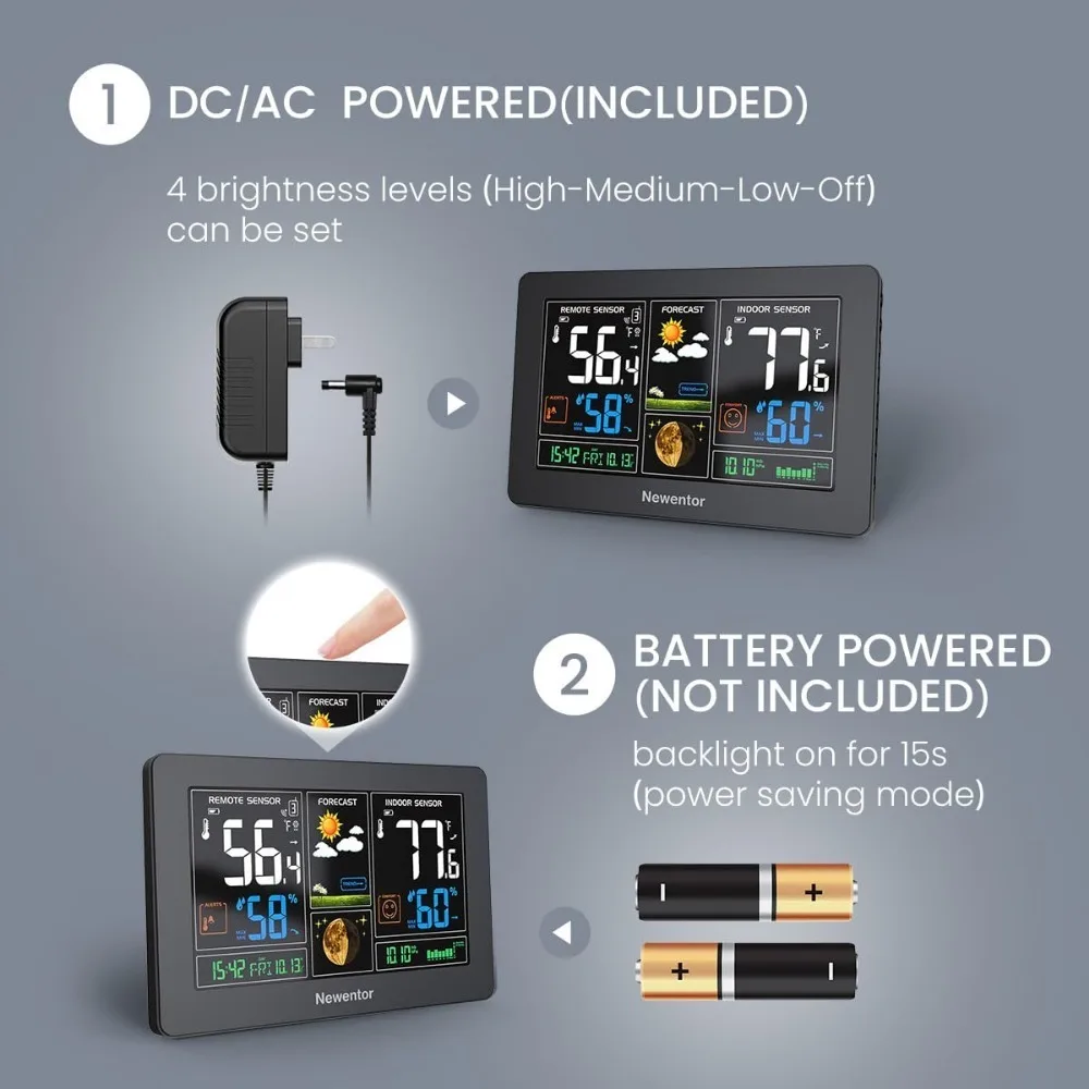 Termometer dalam ruangan luar ruangan, stasiun cuaca nirkabel, tampilan warna, termometer cuaca Digital dengan jam atom, barometrik