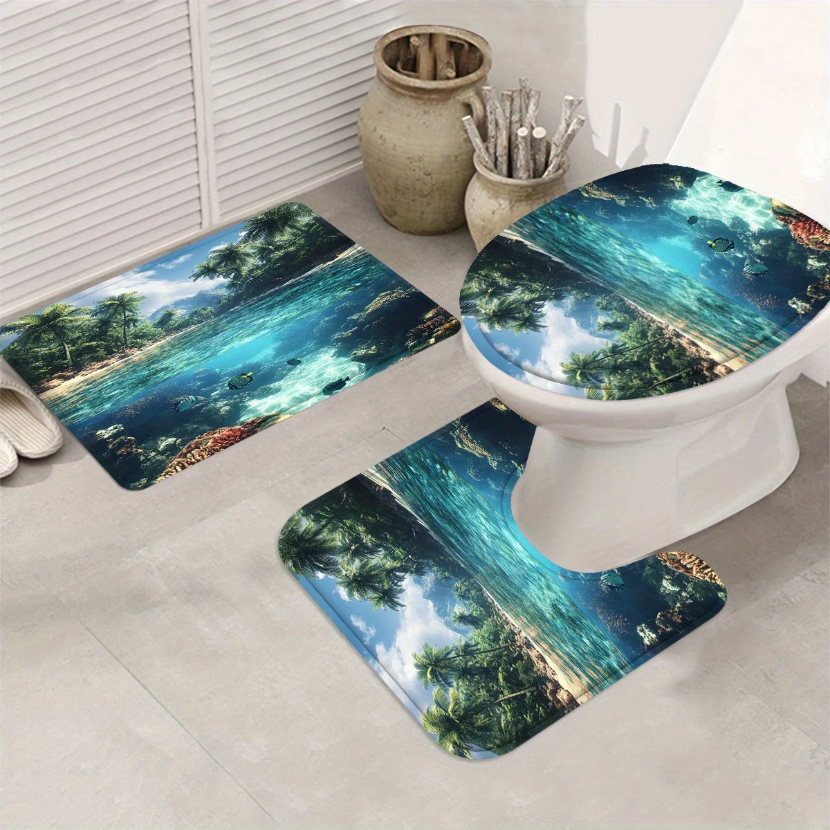 4pc Ocean Palm Tree Shower Curtain Set, Waterproof Quick-Dry Polyester, 71x71 Inch, Machine Washable with 12 Hooks, Bath Mat, Contour Rug, Toilet Lid Cover, Tropical Fish Clear Blue Sea Bathroom Decor