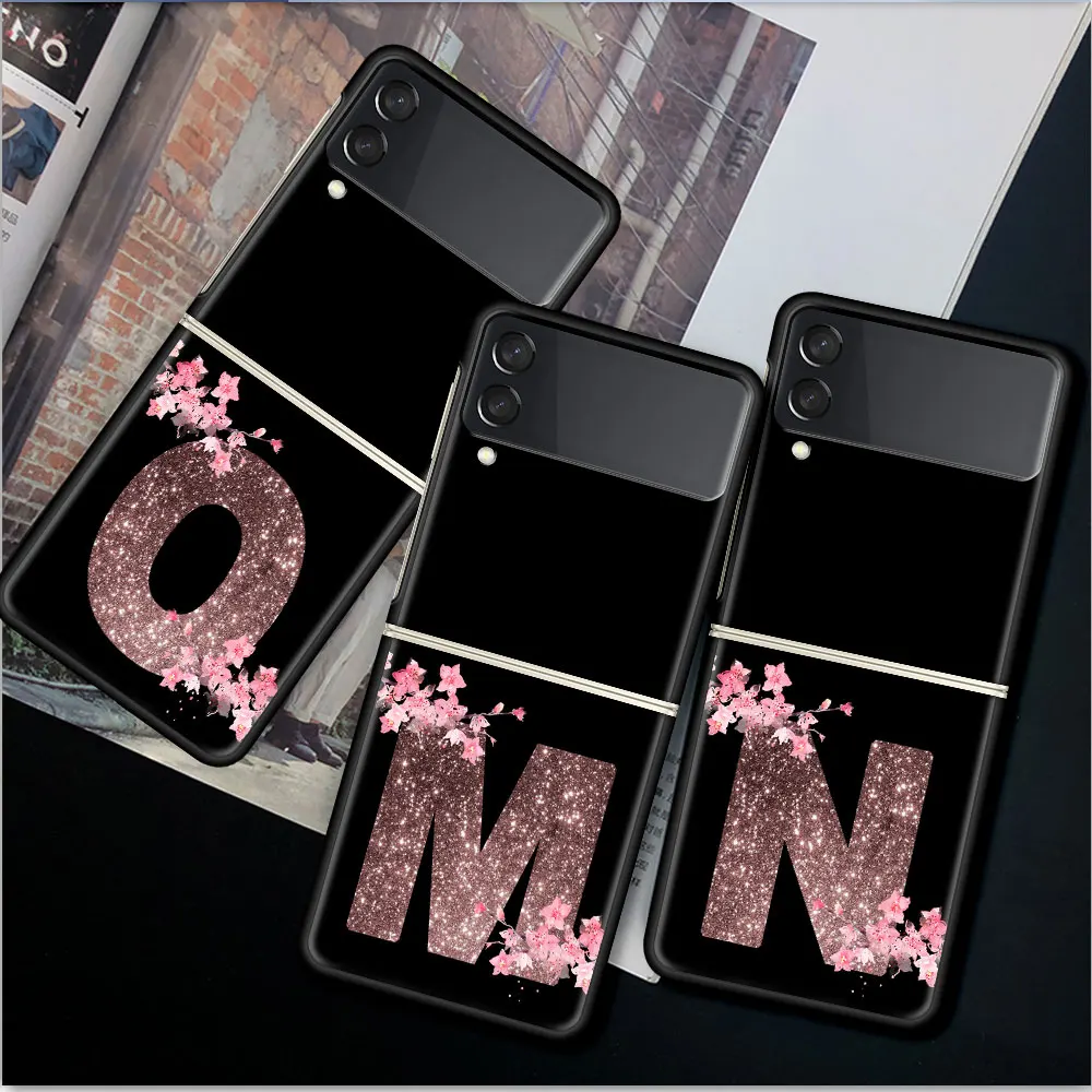 Flower Letter Pink M N Fashion Case For Samsung Galaxy Z Flip 5 4 5G Funda ZFlip3 Luxury Black PC Hard Back Phone Coque Shell