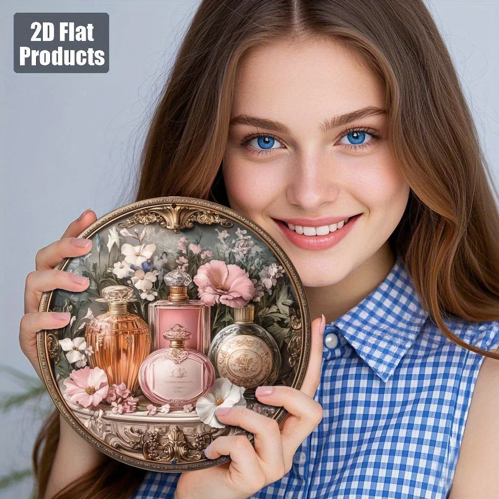 2D Flat, 2D Flat 1pc Vintage Floral Perfume Bottle Metal Plaque - Elegant Golden Frame, High-Quality Fireproof Wall Decor, No Wi