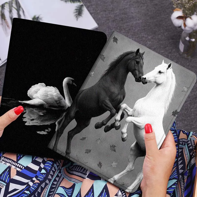 

Black White Horse Leaves Gift Tablet Case For Lenovo Xiaoxin Legion Pad Tab Pro GT Y700 Gen4 2 11 P11 M10 K10 3rd Plus Gen