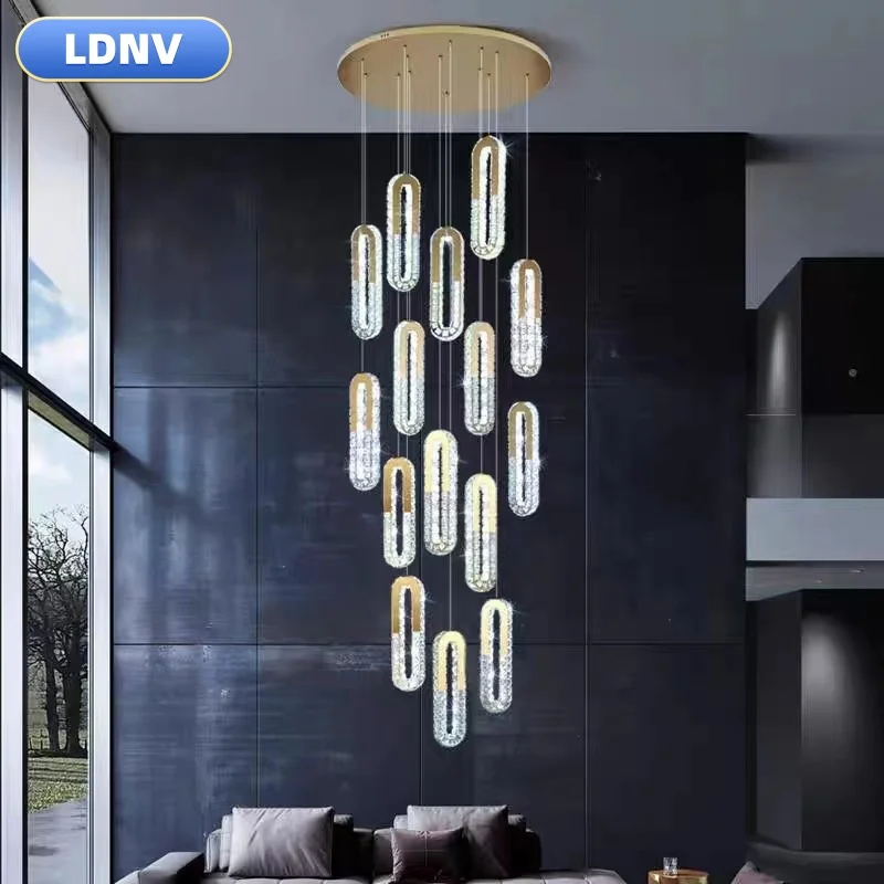 Modern Luxury Crystal Pendant Lights Home Decoration High-rise Villa Stairwell Living Room Ceiling Chandelier Golden LED Light