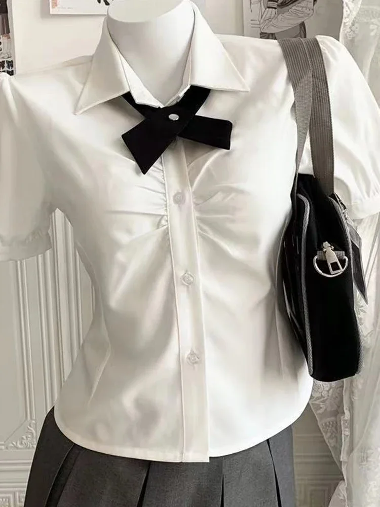 2024 Letnia moda damska Koronkowa koszula z marszczeniem w stylu preppy Harajuku Kawaii Bow Sweet Blouse Y2K Białe topy z krótkim rękawem — zdjęcie 2