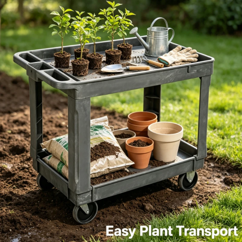 Garden cleaning waterproof tool vehicle Black 2-Tier Plastic Utility Cart with Wheels for Industrial Warehouse Tool Storage
