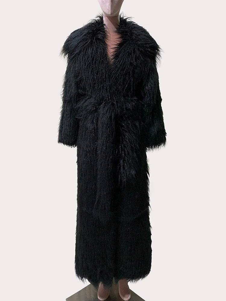 Mauroicardi Winter Extra Long Black Thick Warm Shaggy Fluffy Fuzzy Faux Fur Coat Women Sashes Luxury Elegant Maxi Furry Overcoat