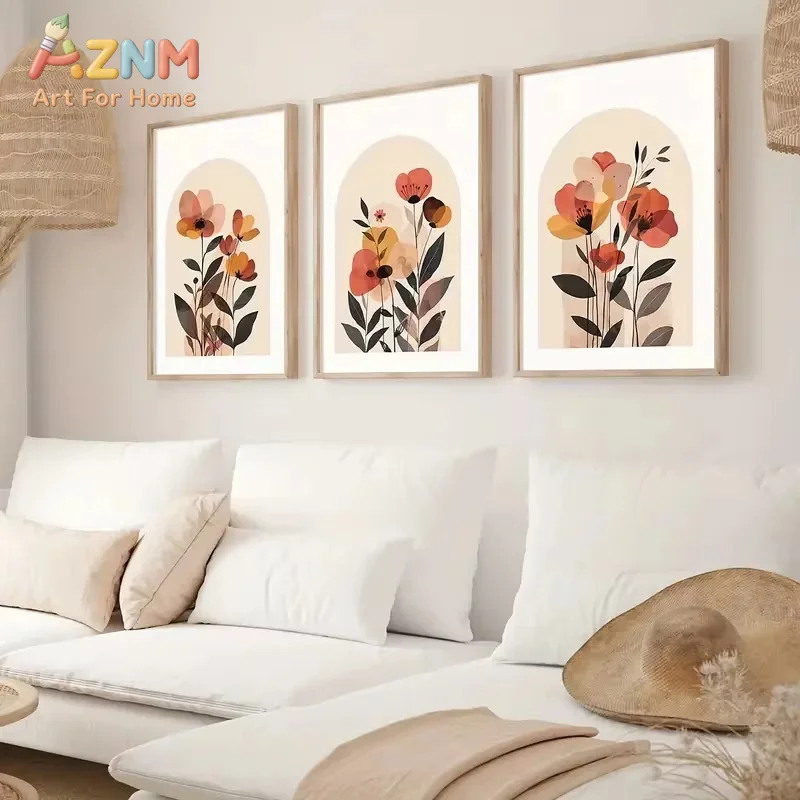 AZNM3pcs Beige Bohemian-style Abstract Floral Print Art Canvas Poster Plant Autumn Bedroom Living Room Corridor Wall Decoration