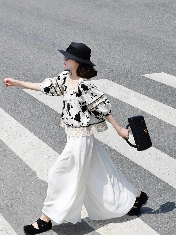 Retro chinês sle floral impressão gola quadrada ort sve solto ajuste bolha sve boneca irt feminino verão suave emagrecimento