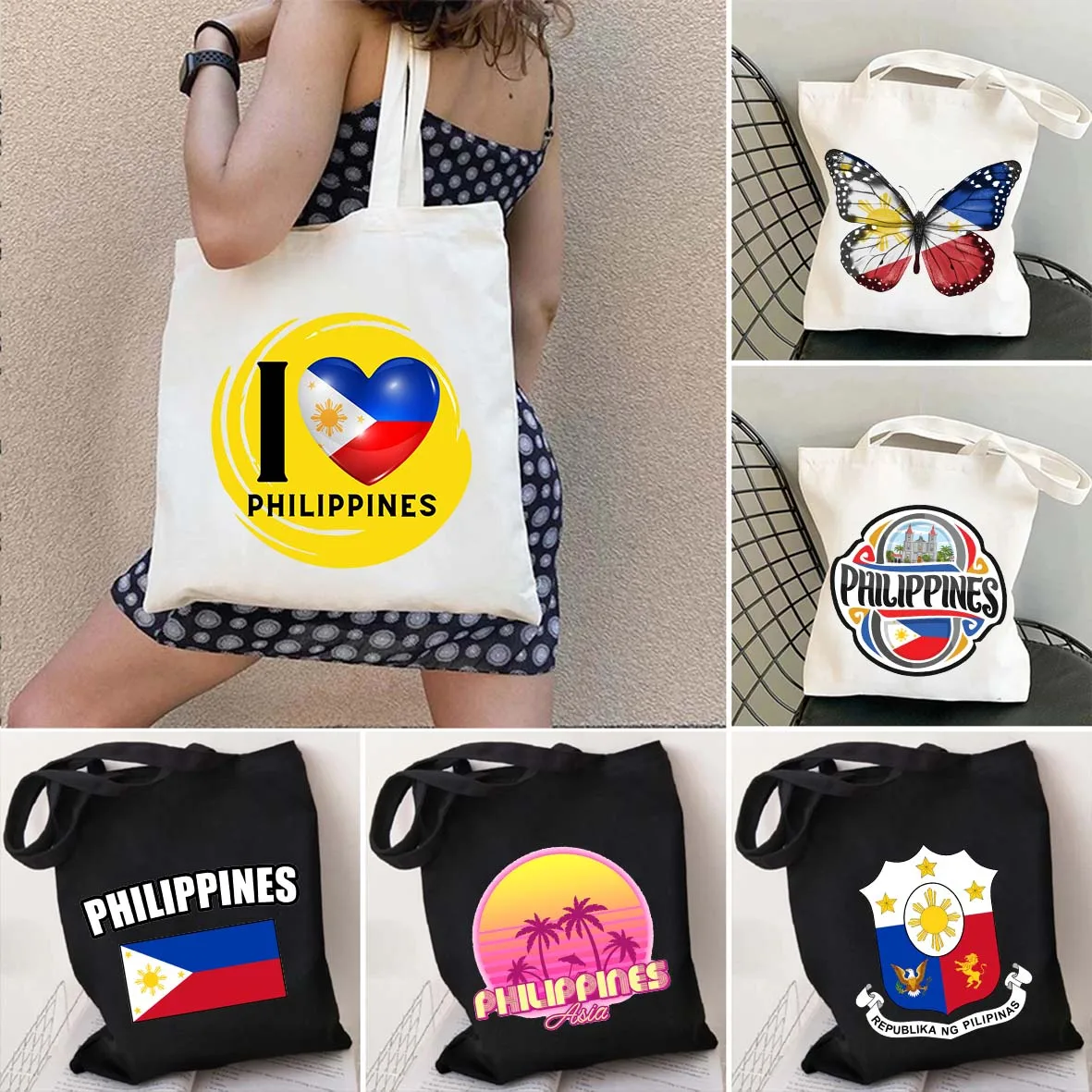 

Heart Philippines Country Flag Map Coat of arms Travel Souvenir Butterfly Landmark Shoulder Shopper Canvas Tote Bag Cute Handbag