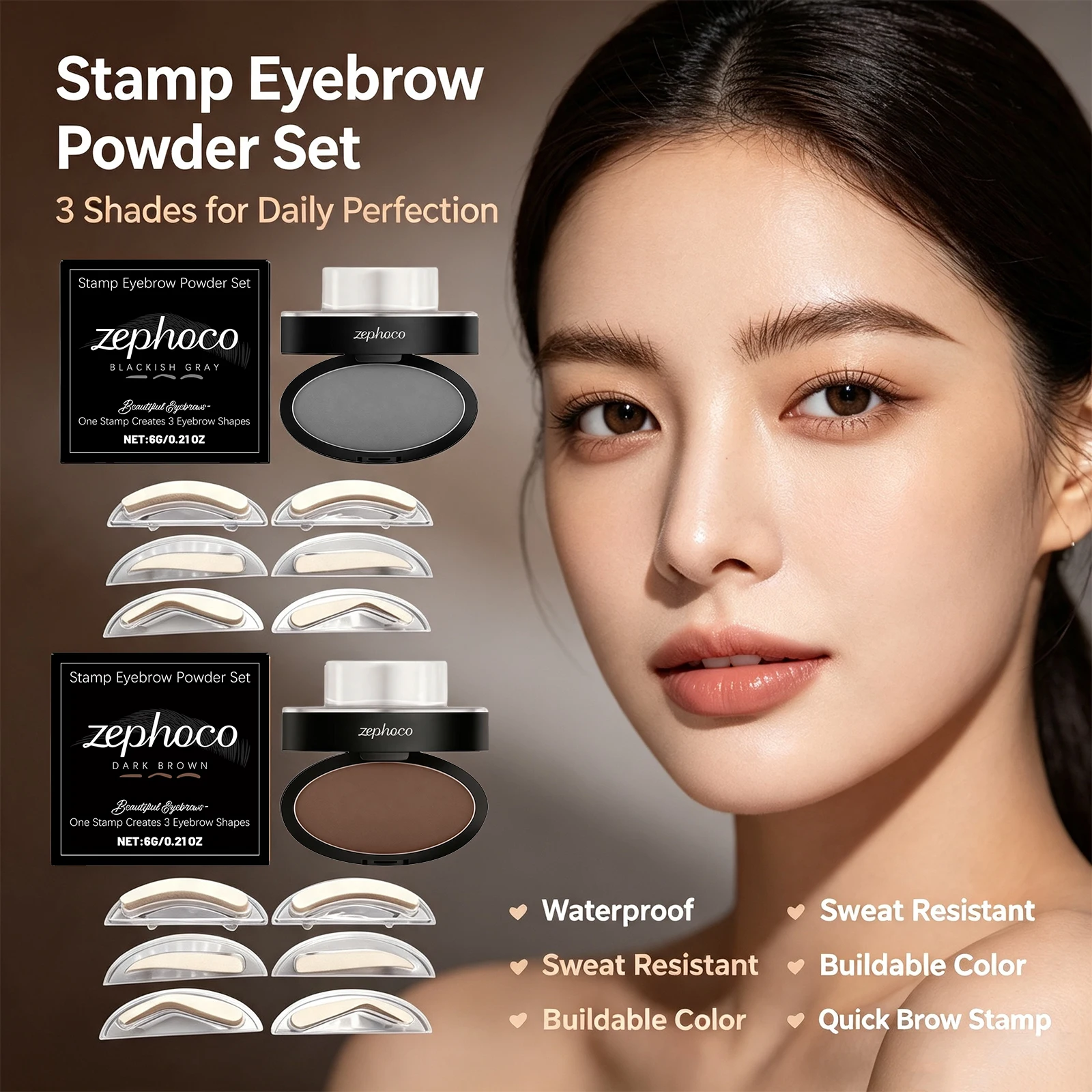 Stamp Eyebrow Powder Set,Lazy One Step Eyebrow Stamp Kit Waterproof Sweatproof Long-Wear Brow Powder Natural Brow Makeup