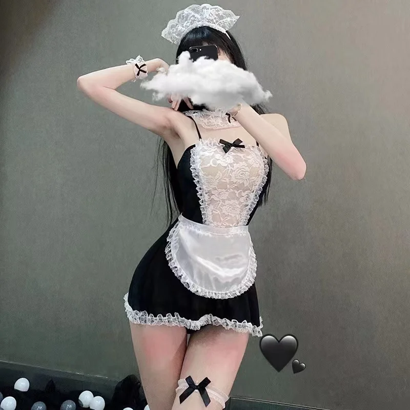 Women French Maid Outfit Costume Sexy Lingerie Sheer Naughty Servant Uniform Cosplay Sexy Lace Apron Fancy Lolita Dress view 4
