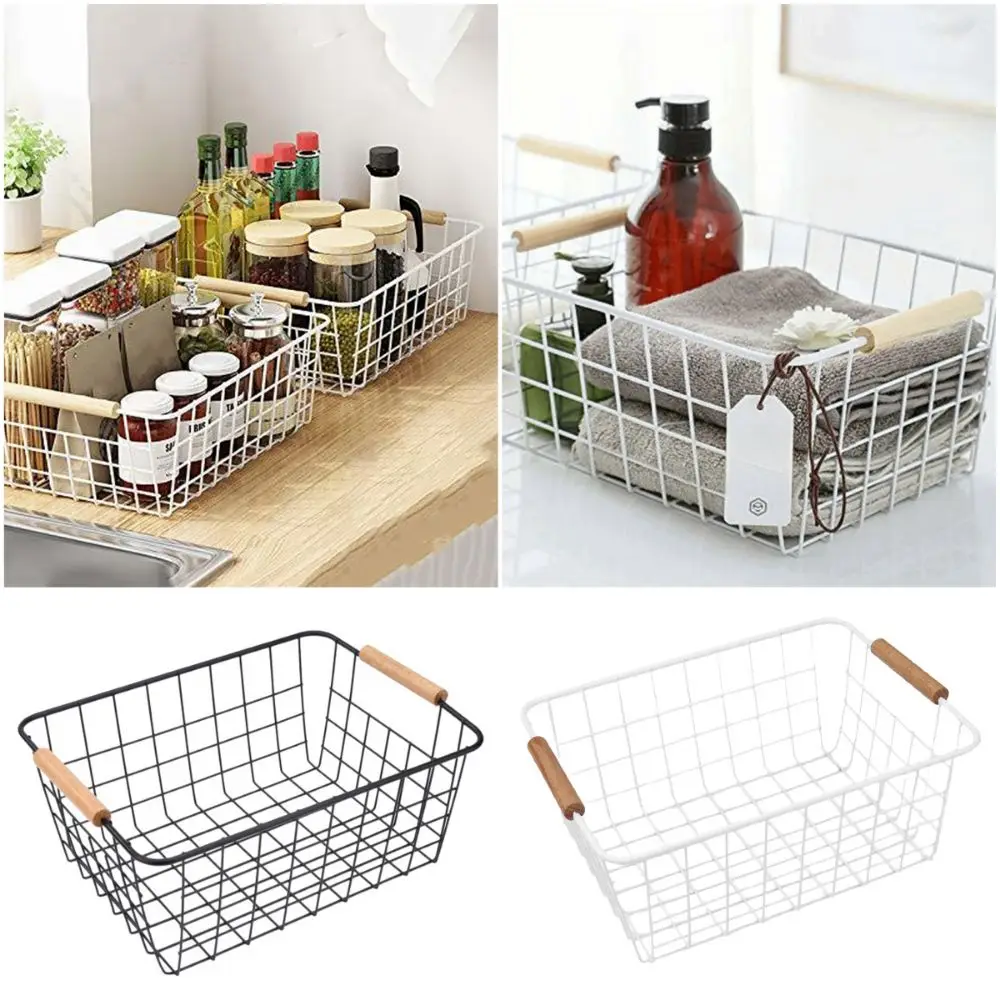 سلة تخزين معدنية لسطح المكتب باللون الأبيض والأسود مع مقبض خشبي وحامل وجبات خفيفة للخضروات والفواكه مستطيل بسعة كبيرة