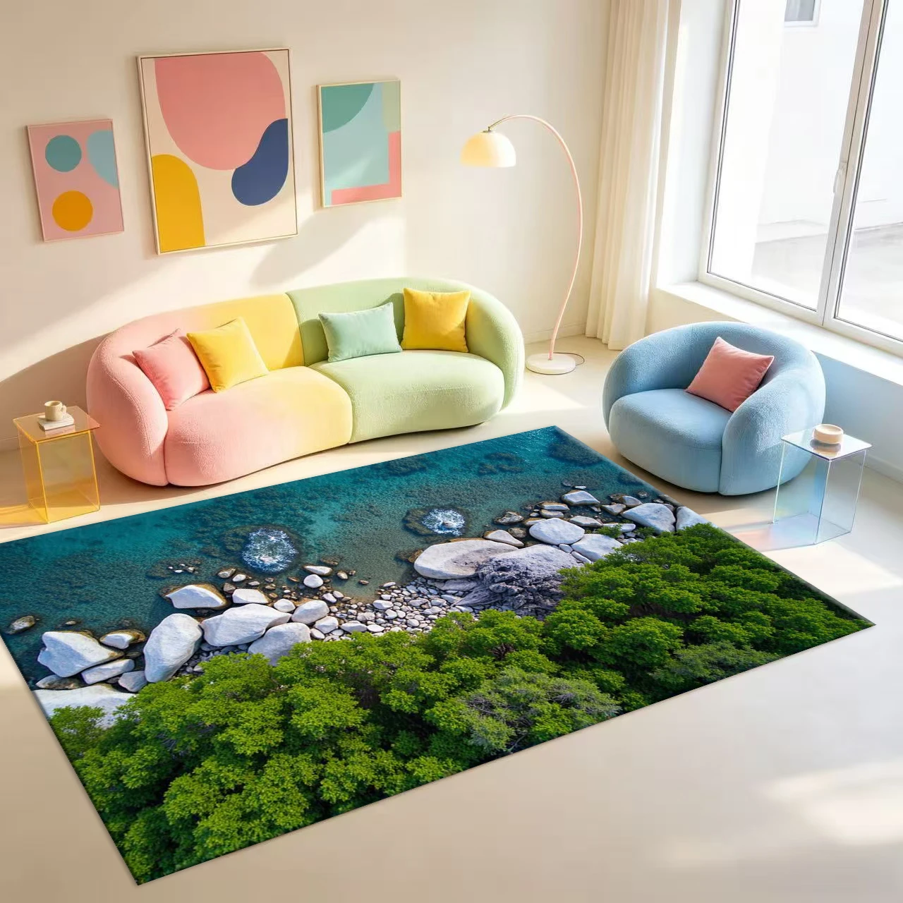 Aerial View Coastal Rocky Seaside Forest Landscape Carpet Flooring Natural Scenery Art Area Rug For Indoor Home Floor Decoration