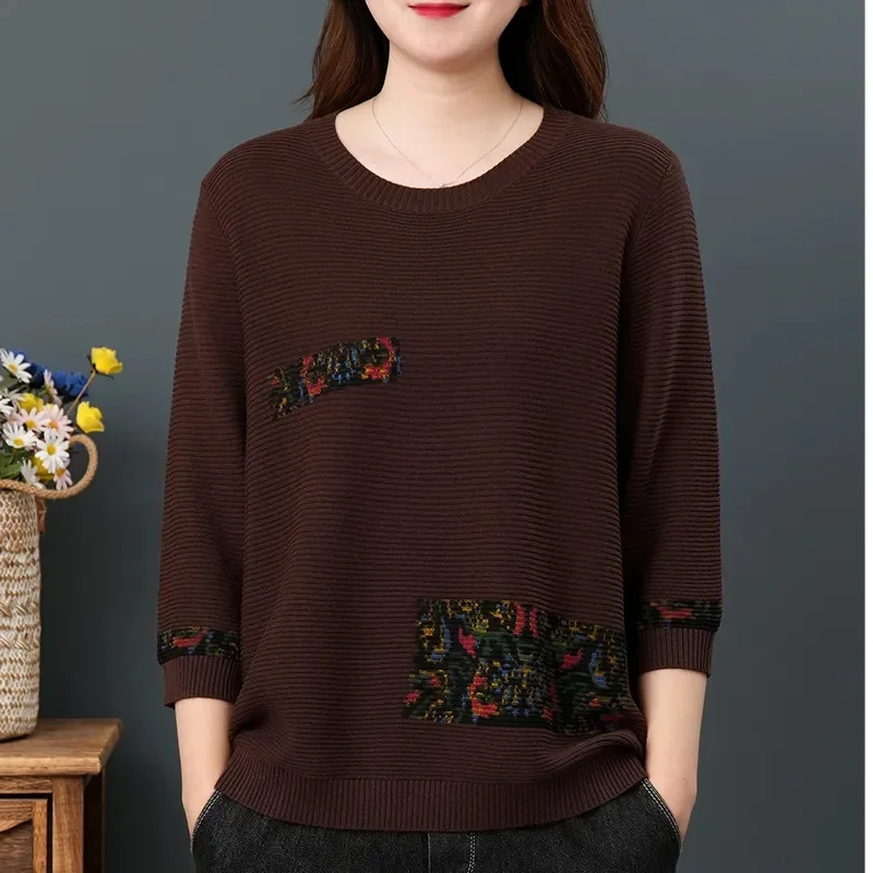 Thin Ethnic Style Cotton Knitted Shirt T-shirt Female 2023 Spring Summer New Literary Retro Loose Show Thin Leggings Solid Color