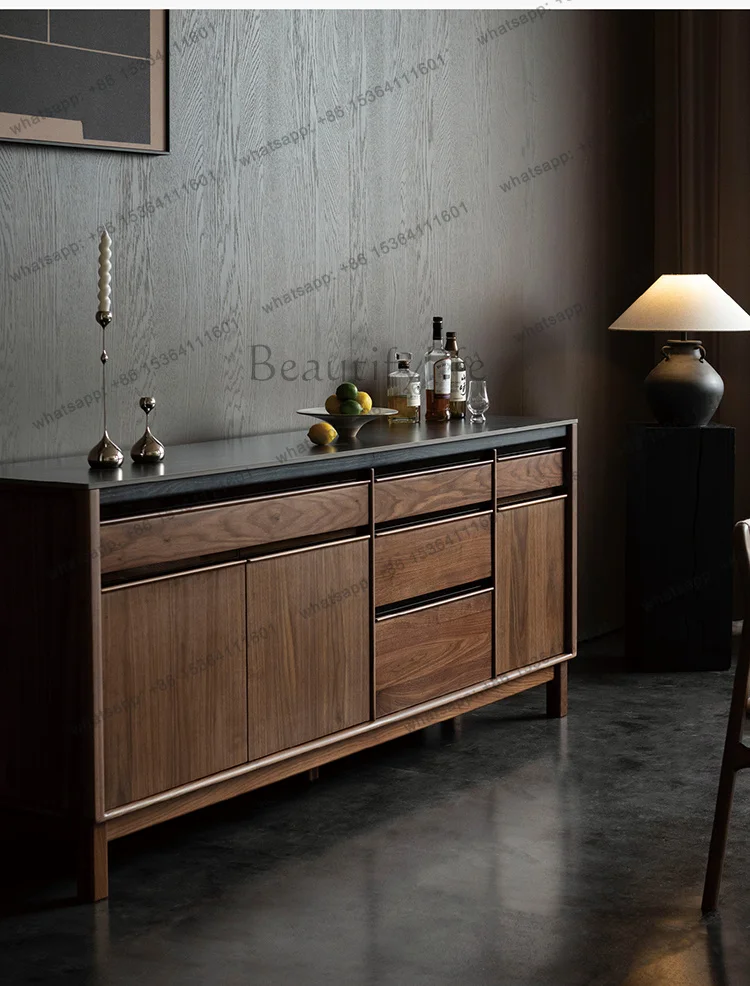 YJ Black walnut all-solid wood dining side cabinet, integrated rock slab against the wall,  Japanese storage and tea cabinet
