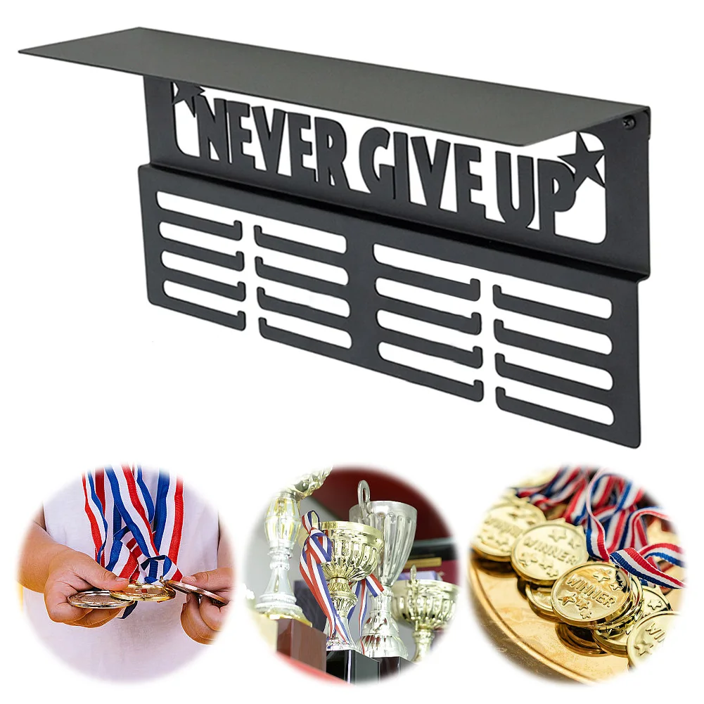 

Never Give Up Medal Hanger Display with Trophy Shelf Wall Mounted Medal Holder Metal Awards Rack for Wall Mount Ribbon