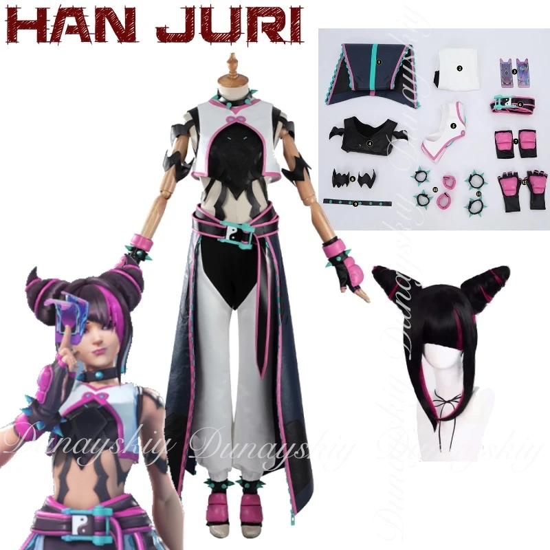 

OW Watch Your Butt Game Han Juri Косплей Тот же одежда с черным и фиолетовым париком Косплей-костюм уникальной формы Полный комплект