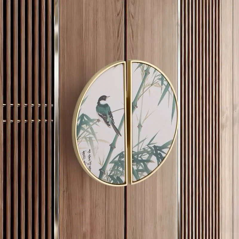New Chinese Style Bamboo Cabinet Pulls Oriental Ink Painting Drawer Knobs Single Hole Wardrobe Cupboard Door Pull Handles