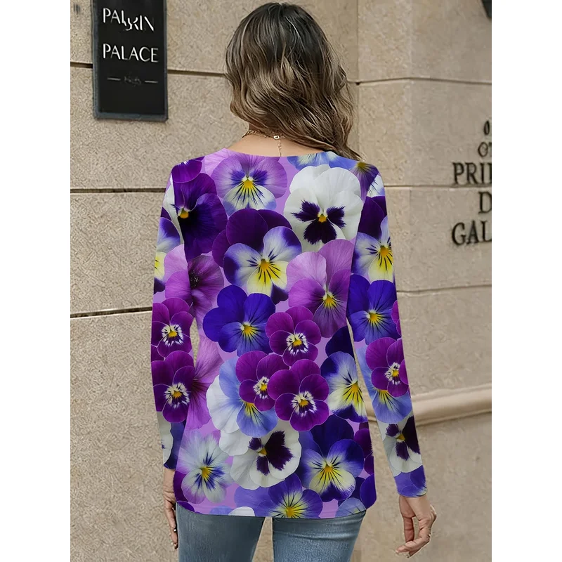 Long Sleeve V-Neck T-Shirt, Purple Violet Print Women'S Casual Wear, Spring Autumn Top, Street Style