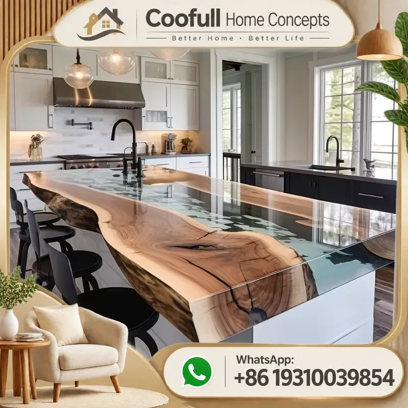 Custom Solid Wood Blue Epoxy River Live Edge Countertop Kitchen Island Vanity Table Top Natural Slab Furniture