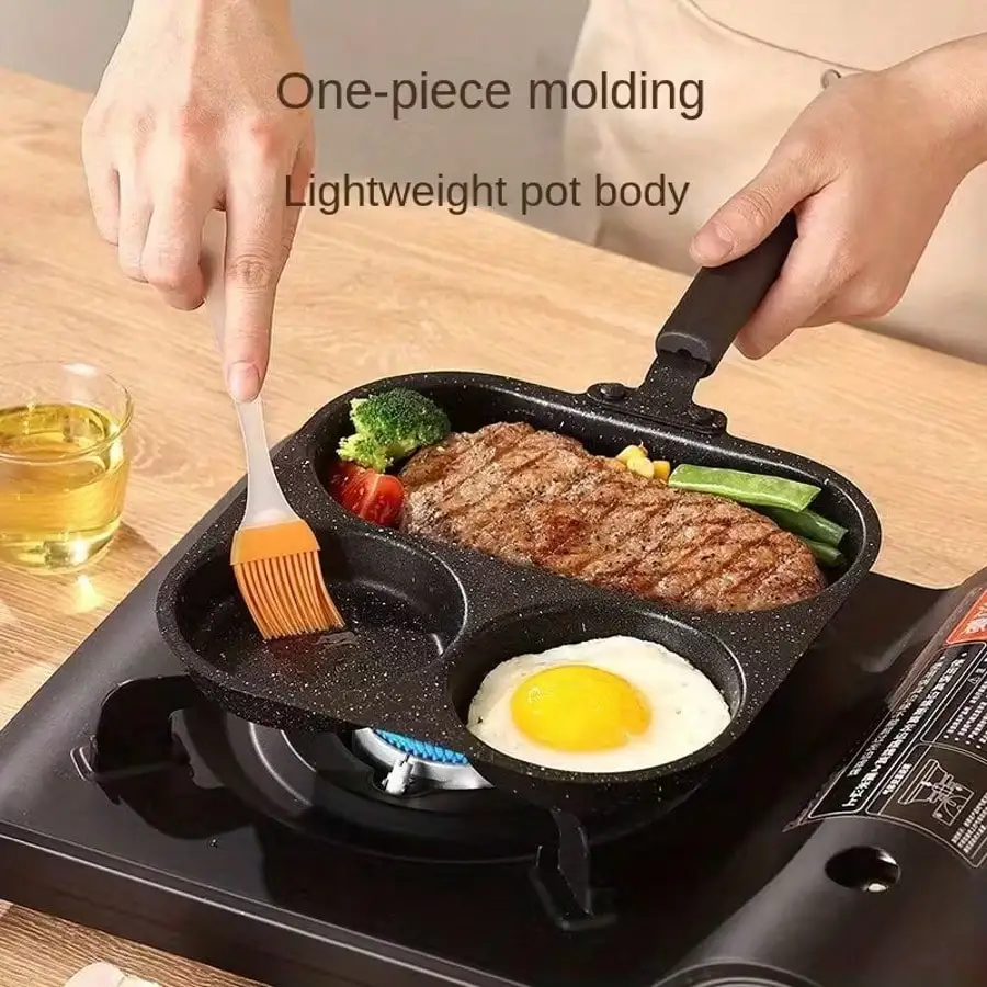 3-In-1 Cast Iron Frying Pan, Non Stick Surface, Three Cooking Zones, Easy To Clean. Suitable For Eggs, Pancakes, Bacon, Hamburgers - Compatible With All Stoves, Durable Kitchen Supplies, Multifunctional Cookware