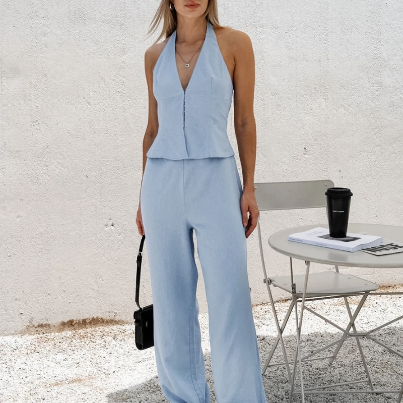 

Однотонный повседневный модный комплект из топа с вырезом и длинных брюк, женская одежда, летний тренд 2024