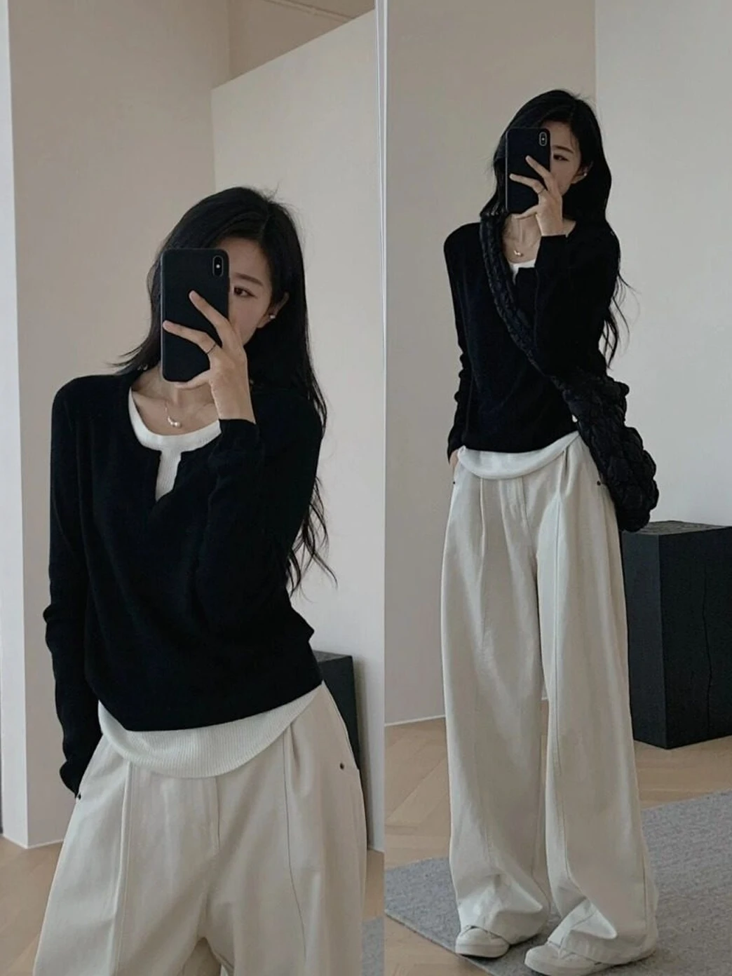 

Black Knitted Slim Fit Shoulder Women's Sweater Spring Fashion Unique Base Shirt Inner Wear Casual Knitwear round Neck Long S...