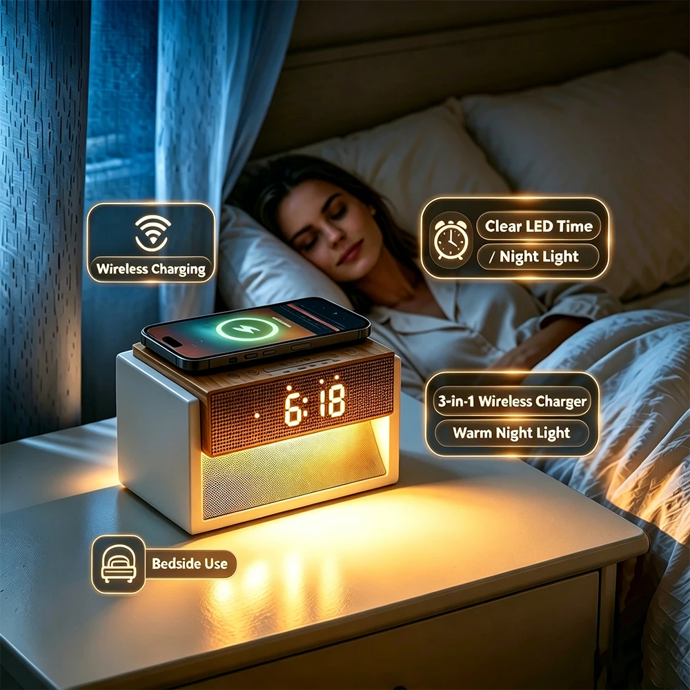 WILIT New 3 in 1 Wireless Charger Digital Alarm Clock Warm Night Light Bedside LED Clock Wireless Charging Station for Bedroom