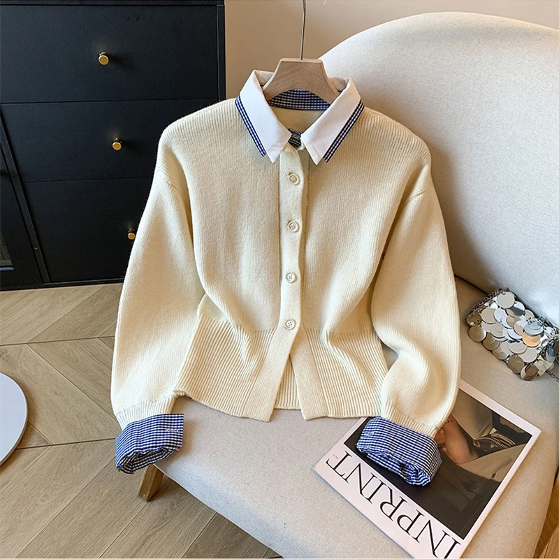 

Fake Two Pieces Knit Sweater Cardigan For Women 2026 Spring Long Sleeve Workwear Fashion Vintage Stylish Ladies Jumpers Tops