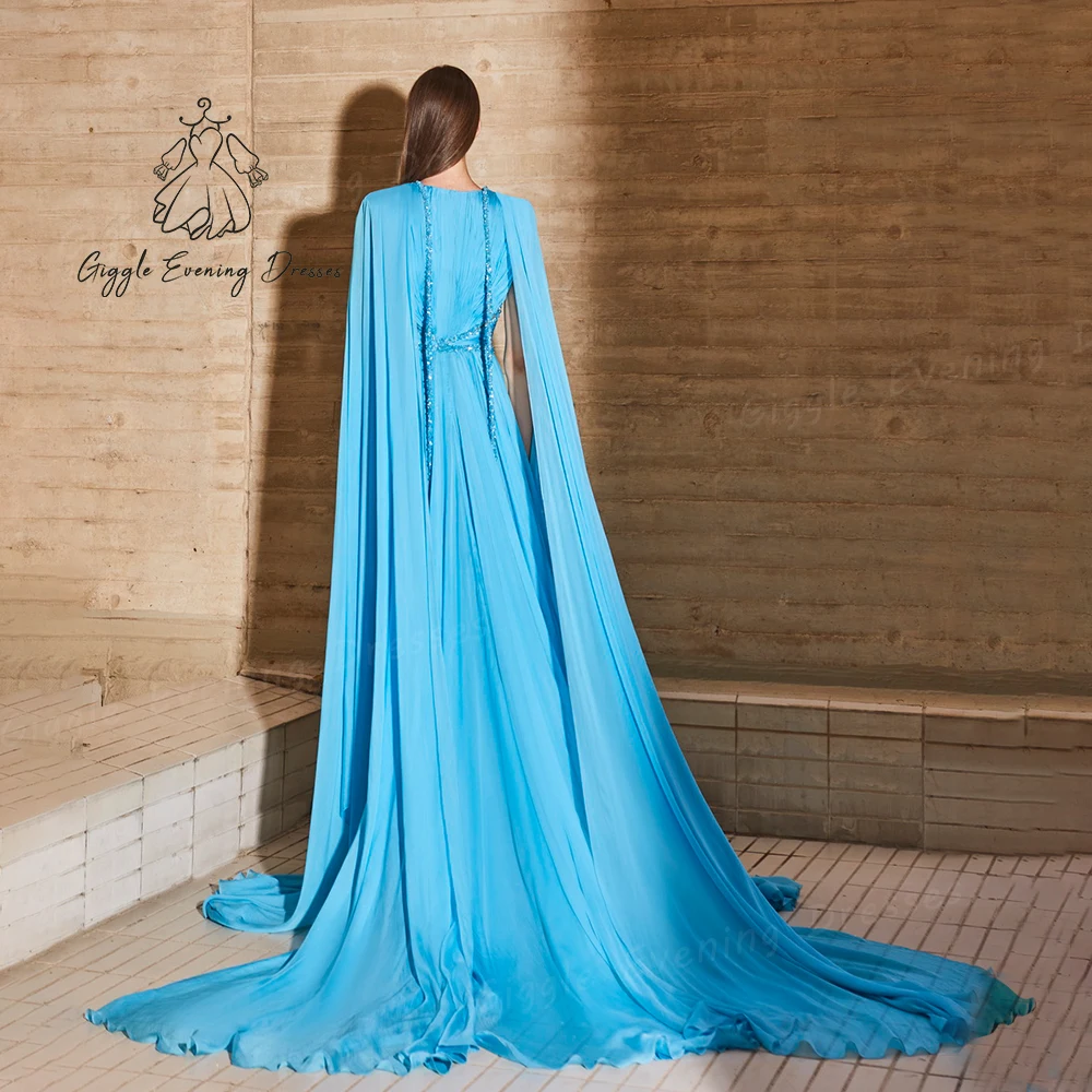 Giggle V-Neck Luxury Beads Pleat Wedding Party formal gown Tulle Shawl Floor length saudi evening dresses women elegant 2024