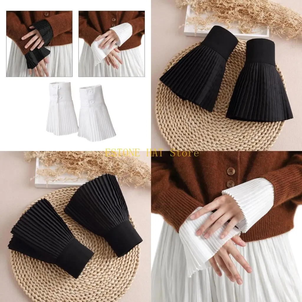 

49MF Cloth Ruffle Cuffs White/Black Wrist Cuffs Cosplay Wrist Ornaments for Woman