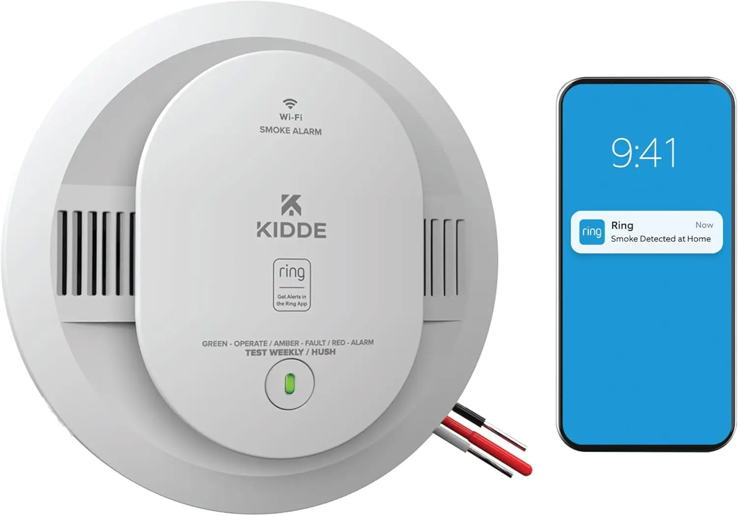 

Smart Smoke Detector with Ring App Notifications, Hardwired Alarm & AA Battery Backup