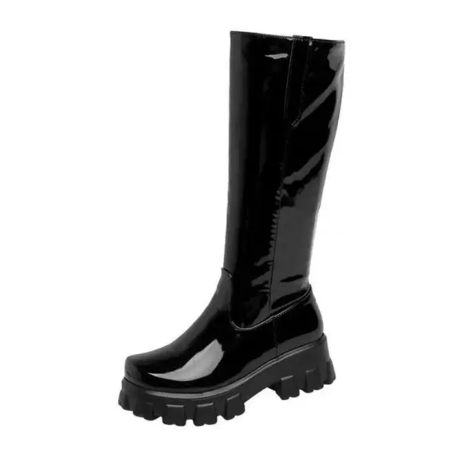 

New mid-tube women's boots Waterproof Platform Inner Heightened Round Toe Over The Knee-Length Boots Patent Leather Heel Large