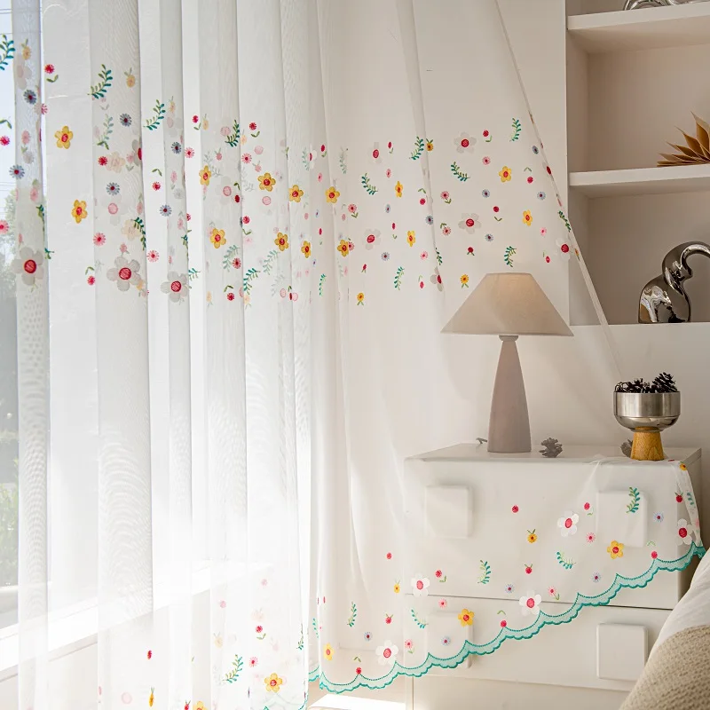 

Embroidery Colorful Flower Plant Sheer Curtains, Rural Spring Atmosphere Tulle Drape For Bedroom Living Room Window Screen Decor