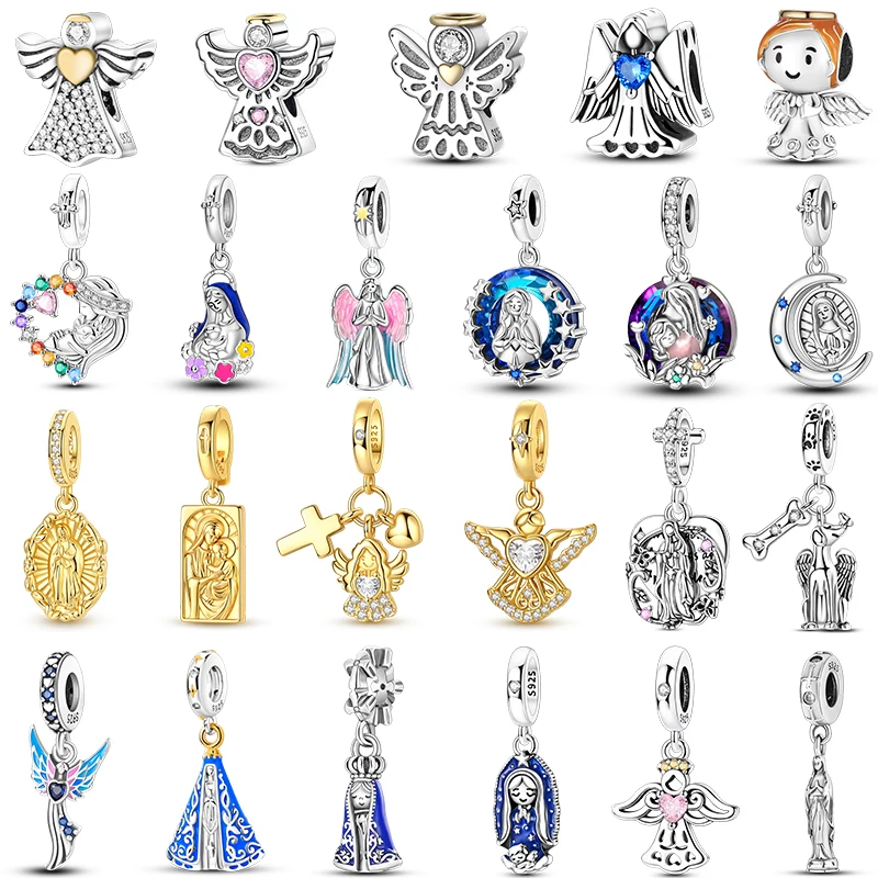 CZ Zircon Angel's Guardian 925 Sterling Silver Golden Virgin Angel Dangle Fit Original Bangle Necklace Bracelet DIY Jewelry Gift