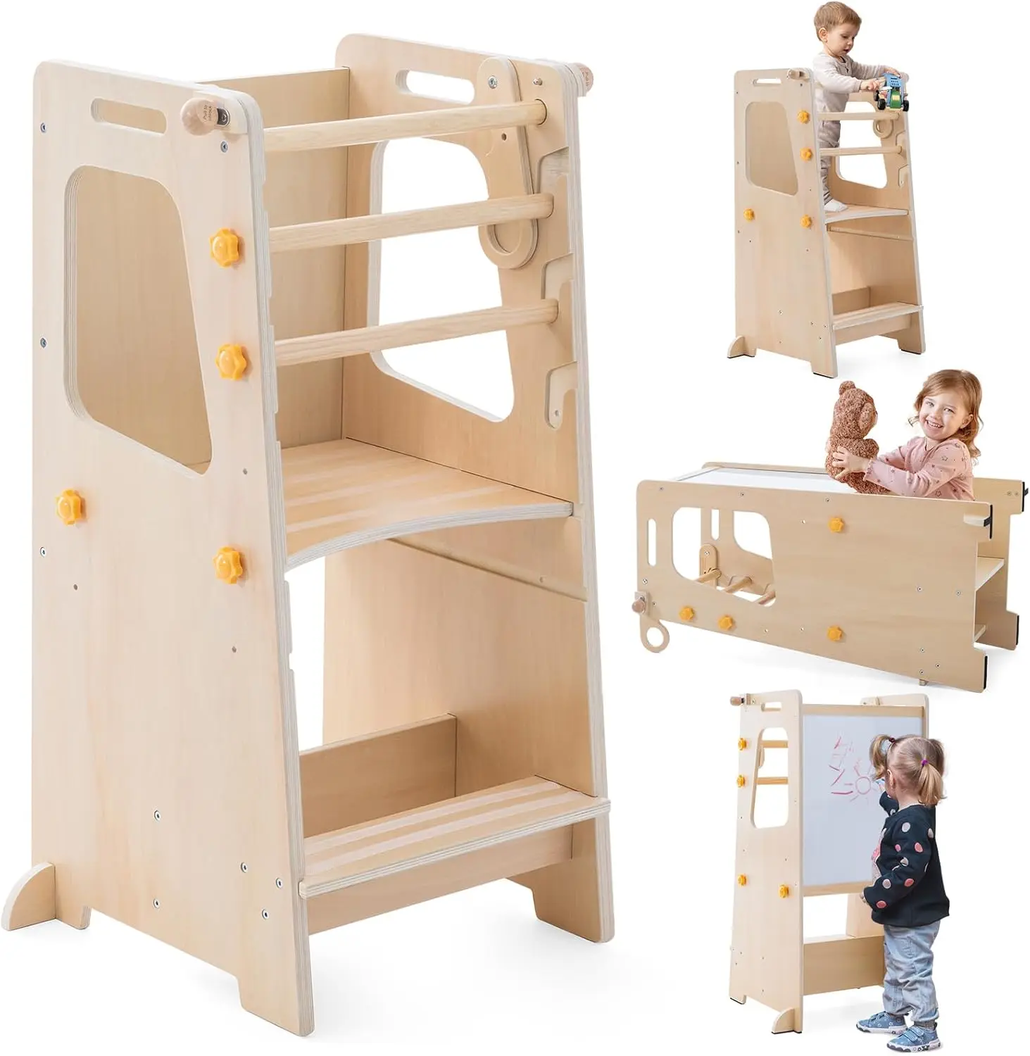 Torre, taburete de cocina para niños 4 en 1 con pizarra blanca, taburete para niños pequeños con mesa y silla convertibles, ayudante para niños pequeños