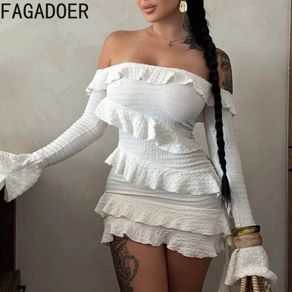 

FAGADOER Fashion Off Shoulder Ruffle Mini Dresses Womens Petal Sleeve Irregular Stacked Dress Female Stitching Bodycon Clothing