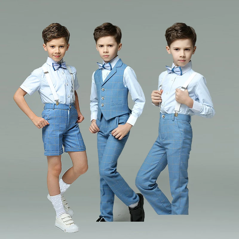 

Kids Vest Shirt Pants Bowtie 4PCS School Uniform Teenager Boys Graduation Performance Costume Children Summer Photography Suit