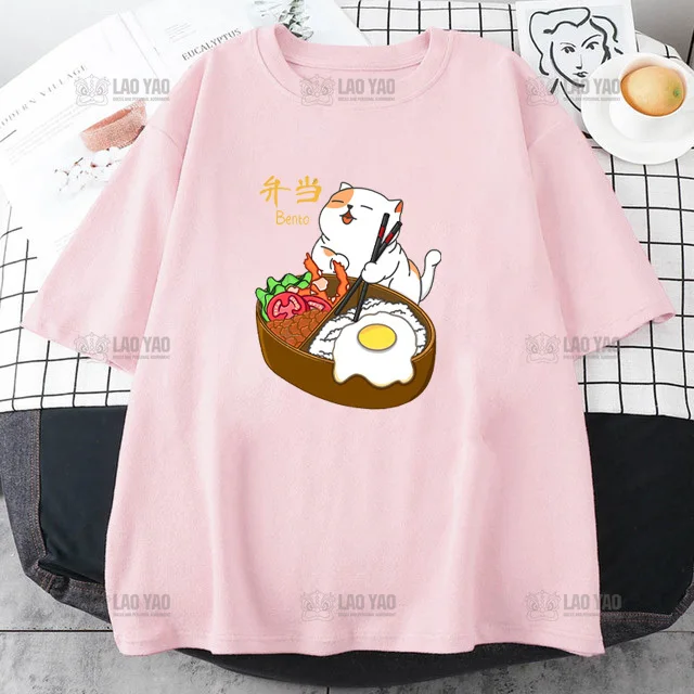 Kawaii Taiyaki and Cat Funny Graphic Cotton Pink Tshirt Women Summer Tee Shirt Novelty Cute Fashion Lovely Print Streetwear Tops