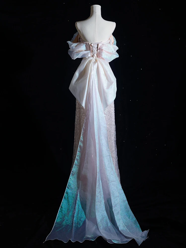 Ele rosa casamento dr com oulder arcos bordado pesado aduação desempenho vestido de baile noite saia longa