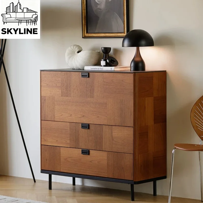 Matte Teak Veneer Media Console Clean Minimal Side Storage Cupboard Decor Furniture For Family Living Area
