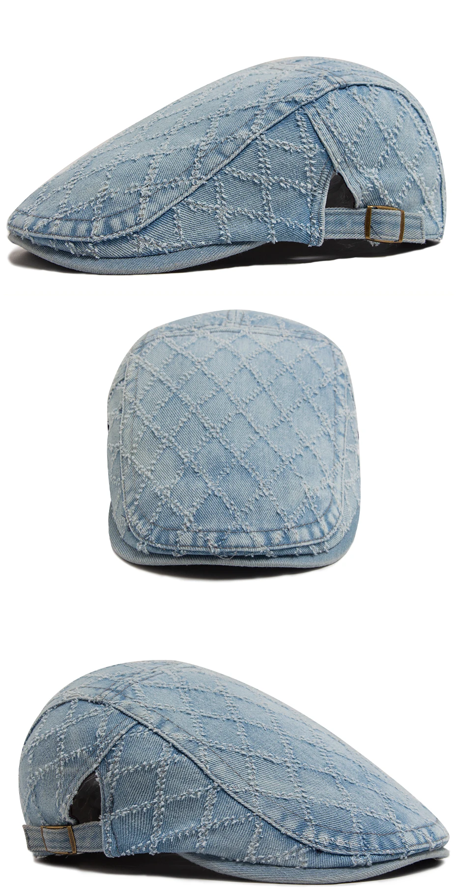 Denim Plaid Vintage Männer Berets Gewaschene Baumwolle frauen Baskenmütze Retro Casual Einfarbig Flache Kappe Sommer Sonnenblende Kappe Einstellbar – Detail 5