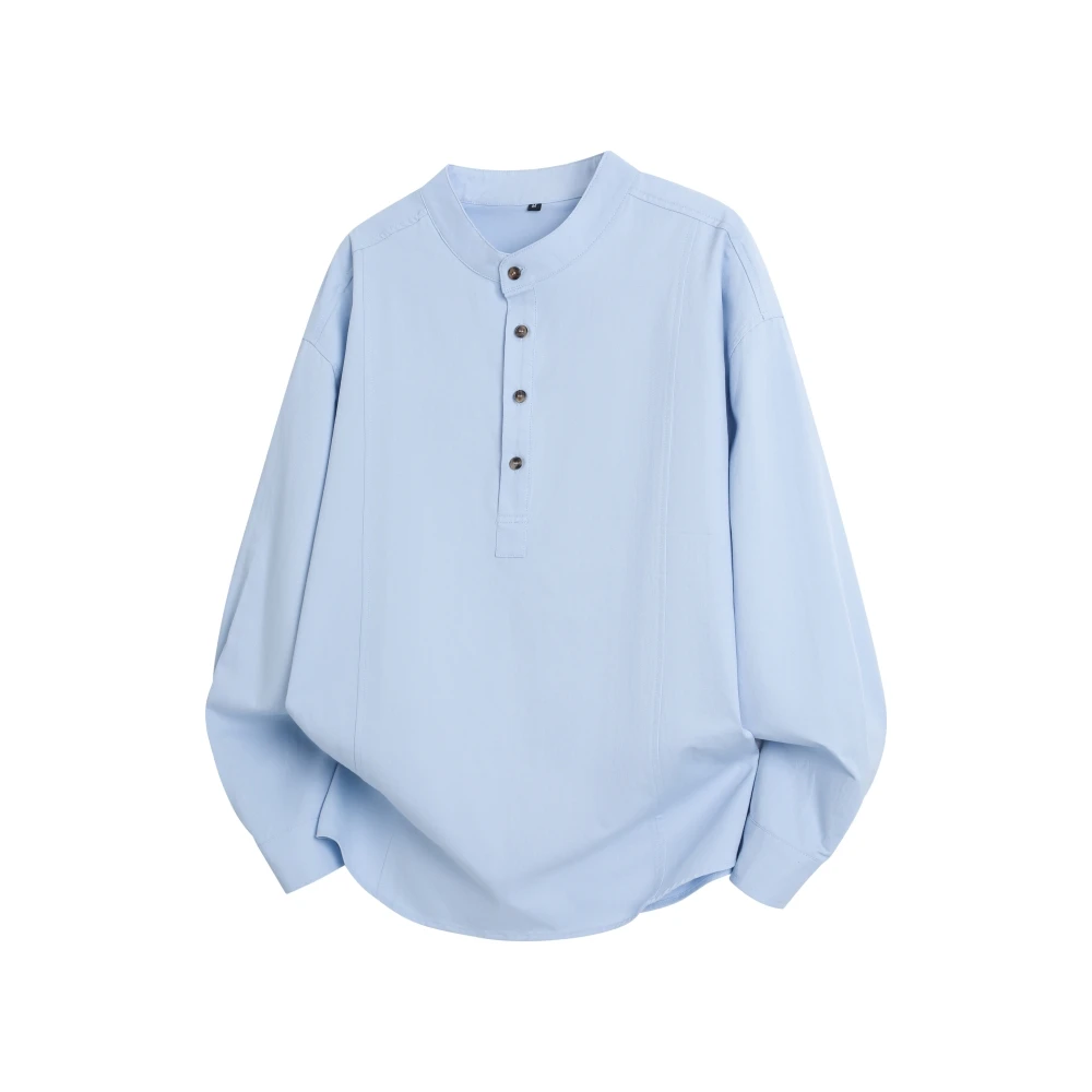 

Весенне-осенние мужские повседневные рубашки с воротником-стойкой, модный пуловер, хлопковая рубашка, мужские однотонные дышащие винтажные топы с длинными рукавами